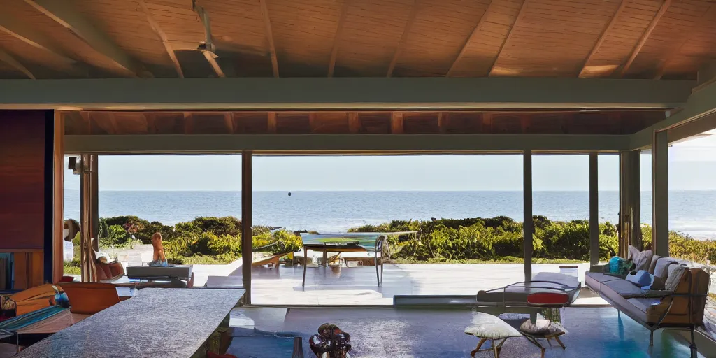 Prompt: a mid-century Eichler Home on a beach at sunset with view of the ocean, mid-century modern furniture, ceiling beams, sunset magazine, dwell magazine, intricate, extreme detail, photorealistic, 35mm lens, professional photography, award winning architectural photography