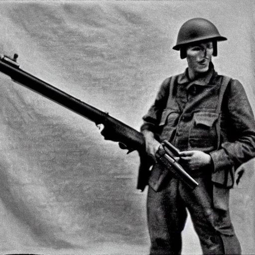 Prompt: Barney the dinosaur holding a rifle during world war 2, realistic, 35mm photograph