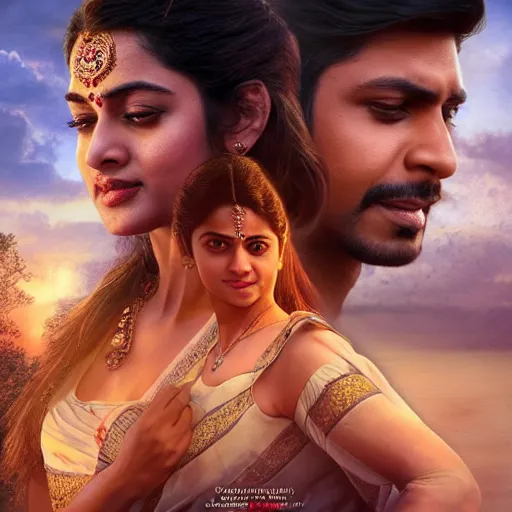Prompt: perfectly centered bollywood movie promotional poster of anatomically correct hero and heroine romantic pose, faces symmetrical ; real life portrait, assam backdrop ; ultra realistic, high coherence, intricate, hdr, highly detailed, photorealistic, octane render, 8 k, unreal engine ; art by artgerm, greg rutkowski, charlie bowater, alphonse mucha