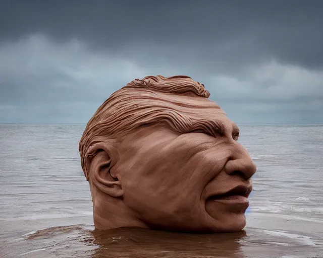 Prompt: a massive clay sculpture of a surreal distorted human face on the ocean water, in the style of johnson tsang, cinematic, hyper - realistic, very detailed, realistic water splashes, ray tracing, 8 k resolution, long - shot, sharp focus, low angle, 8 5 mm photograph, wide lens