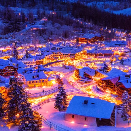 Image similar to cozy winter night at a ski resort, tilt - shift photography, highly detailed snow, low light, illuminated by street lights