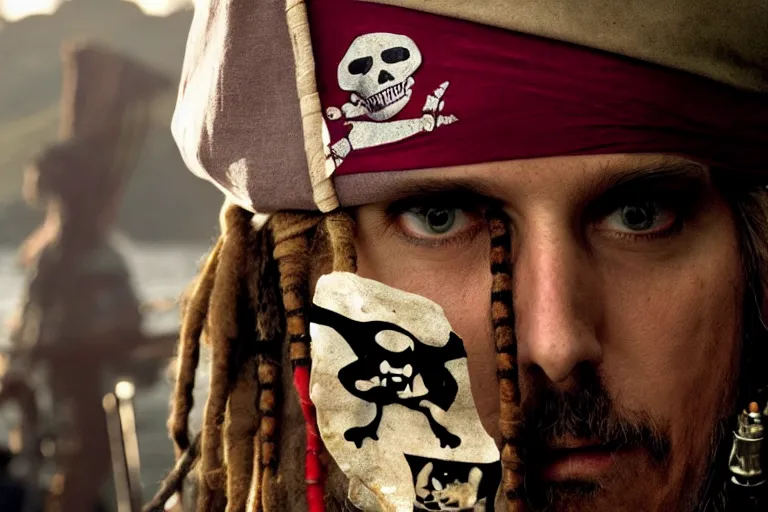 Image similar to closeup movie pirate on a pirate ship, by emmanuel lubezki