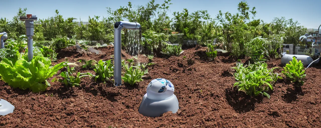 Prompt: water collection system at desert terraformation project, venus project, with snail-shaped biomimetic architecture, mini amphitheatre, mini lake, vertical vegetable gardens, robotic drones, XF IQ4, 150MP, 50mm, F1.4, ISO 200, 1/160s, natural light