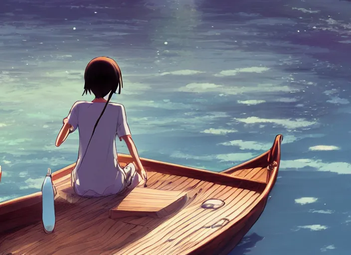 Image similar to a girl fishing on a wooden boat in a river, peaceful and serene, incredible perspective, anime scenery by Makoto Shinkai