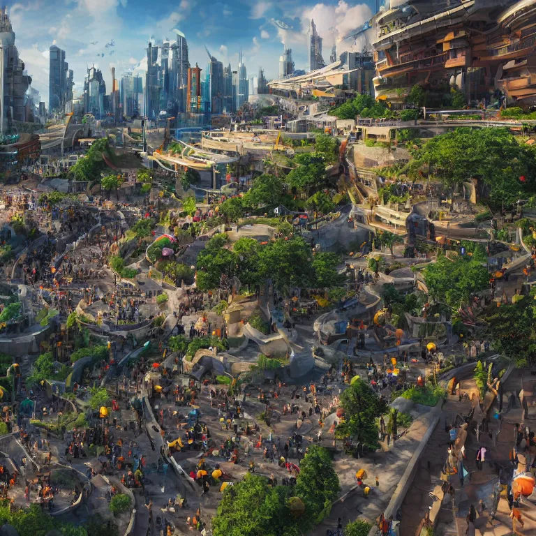 Image similar to environment concept art location of a giant outdoor amphitheater in a sci-fi eco-city, skybridges, turrets, crowded, hundreds of pedestrians, sunbeams, bold bright colors, unreal engine, detailed, octane render, 4k, photorealistic, cinematic lighting