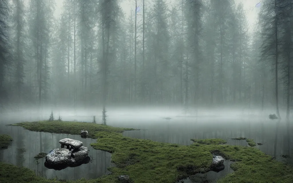 Prompt: a rock in a pond in the middle of the forest, fir trees, moss, fog, dramatic atmosphere, highly detailed, cinematic lighting, perfect composition artem demura