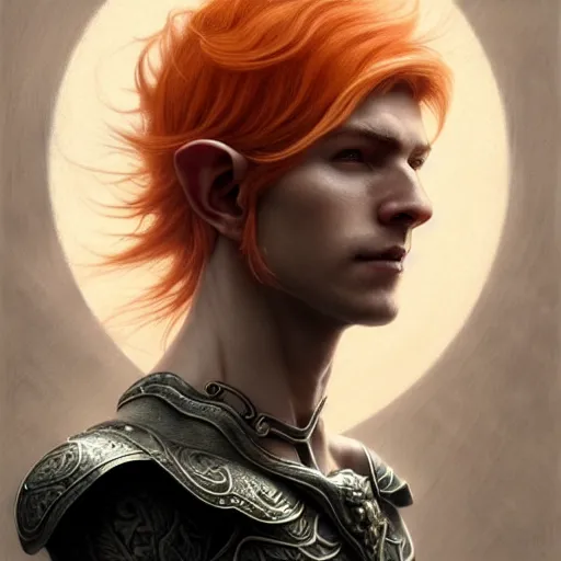 Image similar to portrait painting of a young elven man with a soft face and short light orange hair and tribal tattoos on his face wearing feather armor, ultra realistic, concept art, intricate details, eerie, highly detailed, photorealistic, octane render, 8 k, unreal engine. art by artgerm and greg rutkowski and charlie bowater and magali villeneuve and alphonse mucha