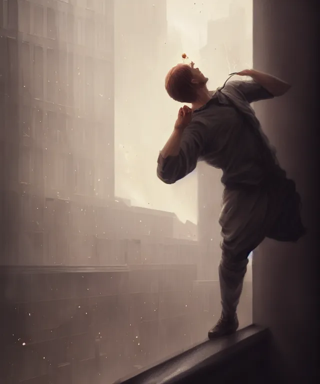 Prompt: man throwing a molotov out a window by charlie bowater and anna dittmann and artgerm and clemens ascher, intricate, elegant, beige mist, highly detailed, dramatic lighting, sharp focus, octane render, trending on artstation, artstationhd, artstationhq, unreal engine, 4 k, 8 k