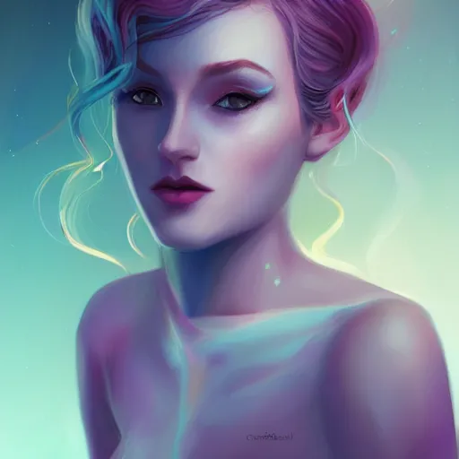 Image similar to portrait of a woman inspired by lois van baarle, charlie bowater, illustration iridescent, iridescent hair, face, hair styles, light make up self confidence, cinematic 8 k