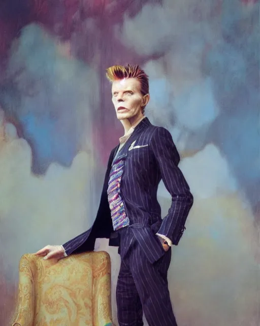 Prompt: A portrait of David Bowie in a suit by loish, Lawrence Alma-tadema, Thomas Moran, Mandy Jurgens, fashion photography