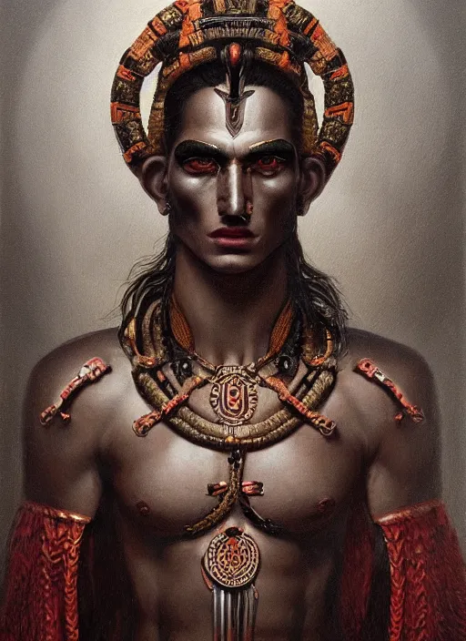 Image similar to portrait of a macho aztec god, by bogdan rezunenko and denys tsiperko and tom bagshaw, hyperrealism