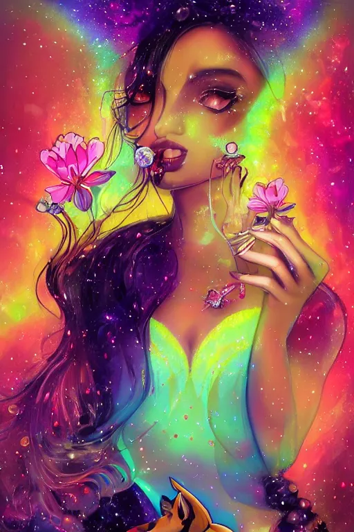 Prompt: psychedelic, digital painting, 4k, illustration, beautiful seductive woman with fox ears smoking weed, with professional makeup, long trippy hair, a crystal and flower dress, sitting on a reflective pool, surrounded by gems, underneath the stars, rainbow fireflies, trending on patreon, deviantart, twitter, artstation, volumetric lighting, heavy contrast, art style of Greg Rutkowski and Victoria gavrilenko and alphonse mucha
