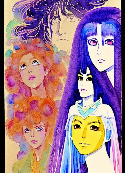 Image similar to vintage 7 0 s anime watercolor by geoff darrow, a portrait of a lady with colorful face - paint enshrouded in an impressionist watercolor, representation of mystic crystalline fractals in the background by william holman hunt, art by cicley mary barker, thick impressionist watercolor brush strokes, portrait painting by daniel garber, minimalist simple pen and watercolor