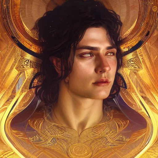 Image similar to portrait of a young handsome dark god, gold wires, intricate, headshot, highly detailed, digital painting, artstation, concept art, sharp focus, cinematic lighting, illustration, art by artgerm and greg rutkowski, alphonse mucha, cgsociety