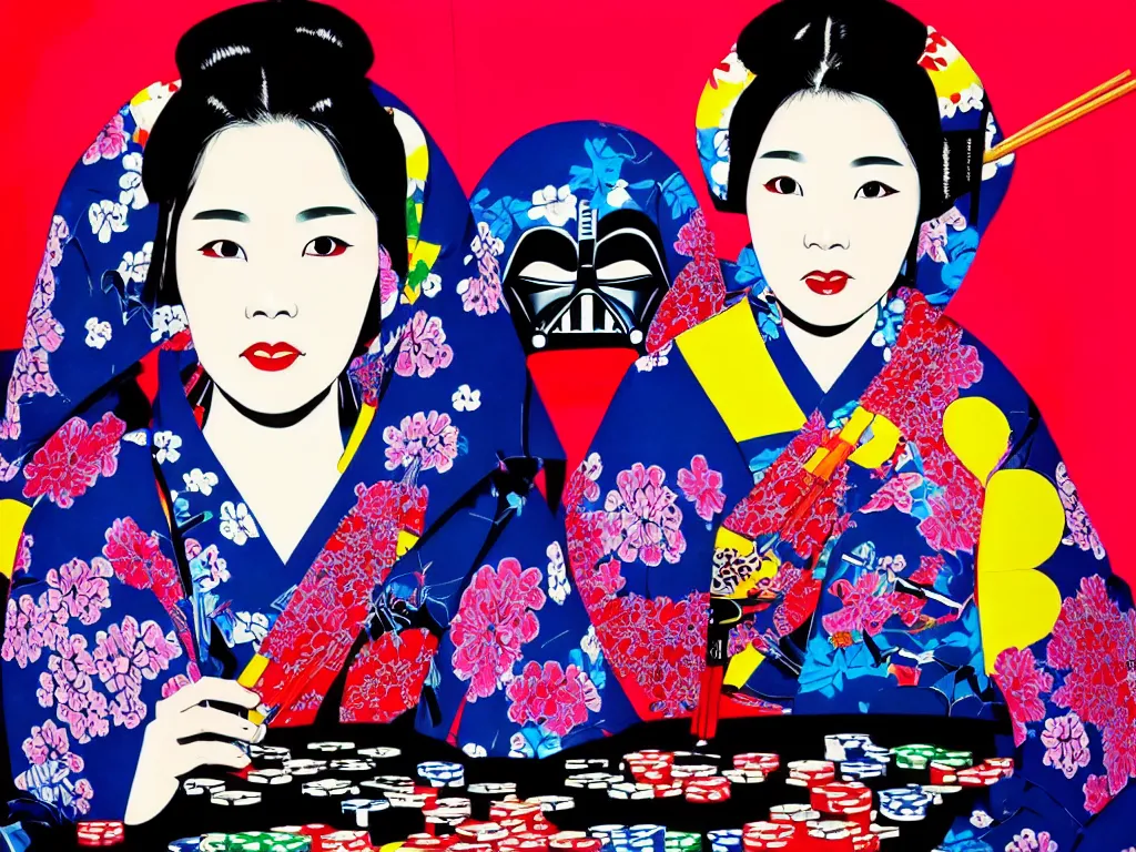 Image similar to hyperrealistic composition of the detailed woman in a japanese kimono sitting at a poker table with detailed darth vader, fireworks, beautiful mountain in the background, pop - art style, jacky tsai style, andy warhol style, acrylic on canvas