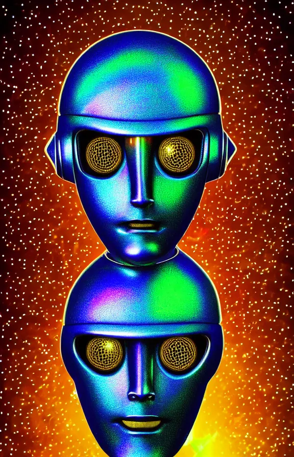 Image similar to portrait of a robot humanoid alien with golden armature, holographic face and medieval helmet. Galactic iridescent background in the style of Tim white and moebius