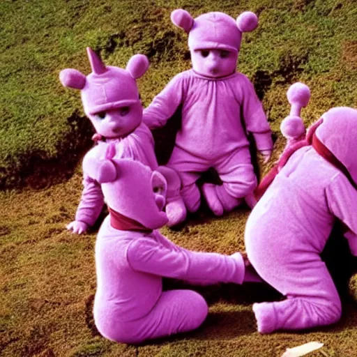 Prompt: teletubbies burying a man alive