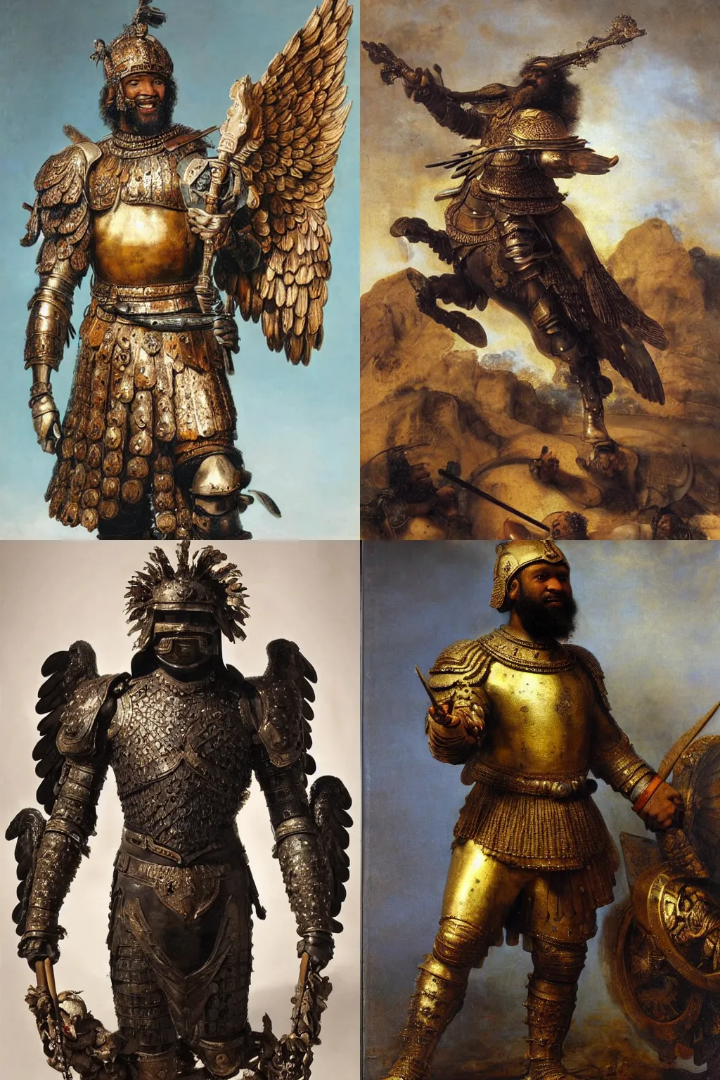 Prompt: friendly, smiling spartan, black skin. Oily muscles. long thick black beard. Big smile. Eagle wings. Intricate Bronze armour with large blue gems. Masterwork oil painting. By Rembrandt.