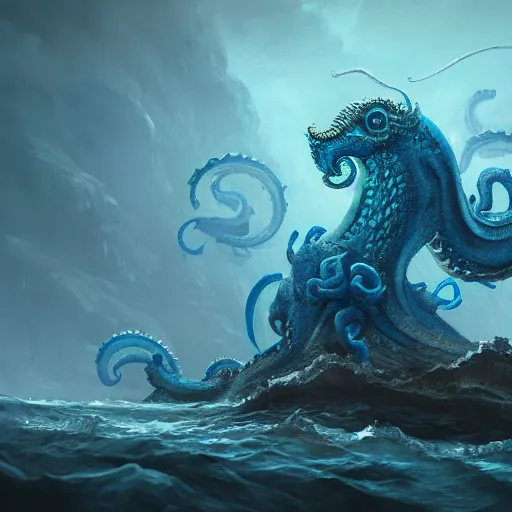 Image similar to A blue Kraken in the sea, highly detailed, fantasy art, female art, in the style of greg rutkowski, illustration, epic, fantasy, intricate, hyper detailed, artstation, concept art, smooth, sharp focus, ray tracing