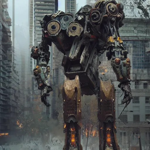 Image similar to six feet tall mech fighting in an urban environment, by gaudi, by giger, by ismail inceoglu, octane render, by weta digital, cinematic lighting, bump mapped, lumen reflections, ambient occlusion, action scene screenshot, epic scale, trending on artstation