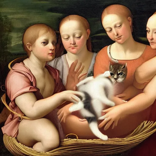 Prompt: Renaissance painting of a basket of kittens