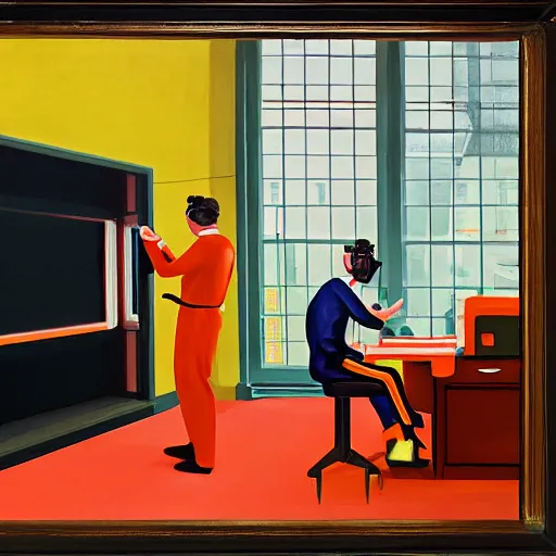 Image similar to A fine art painting of a man wearing Vr goggles dressed in orange overalls and creating the metaverse at a desk with screens, view through a window on a British street. In the style of Edward Hopper and Wes Anderson