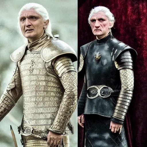 Prompt: Oleg Tinkoff as aemon targaryen wearing a dragon armor, realistic, art