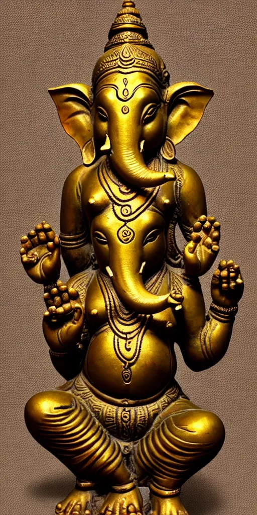 Prompt: detailed photo of old brass patina statue of ganesha - lakshmi, full body portrait, various bending poses, photorealism, intricate detail, museum diffuse lighting