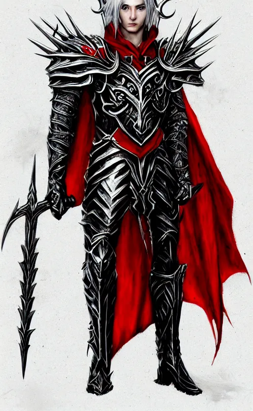 Prompt: A male elf, 20 years old, short silver hair, red eyes, wearing a spiked black metal crown, black heavy armor with gold trim, and a red cape, lean but muscular, attractive, command presence, royalty, weathered face, smooth, sharp focus, illustration, concept art, highly detailed, muscle definition, fantasy paitning, ArtStation, ArtStation HQ