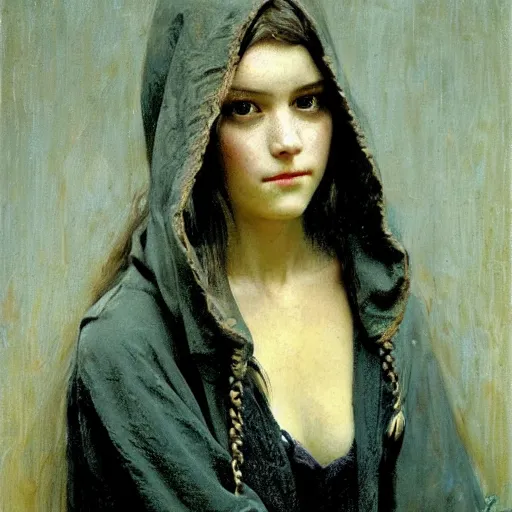 Image similar to portrait of a girl covered in scars wearing a black hood, extremely detailed painting by gaston bussiere and j. c. leyendecker 8 k