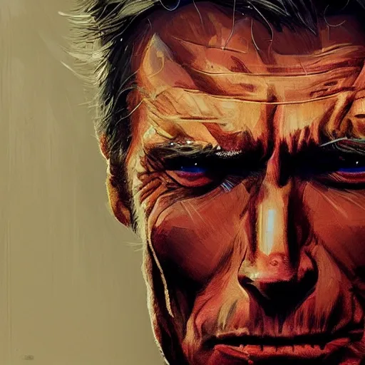 Prompt: symmetrical, close-up, portrait of Clint Eastwood as The Punisher, art by greg rutkowski, matte painting, trending on artstation