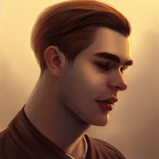 Prompt: tall slightly fat man in his twenties with brown blond short quiff hair and round facial structure with cleft chin, straight eyebrows, slightly smiling, cheekbones, wider face, shadow of beard, atmospheric lighting, painted, intricate, 4 k, highly detailed by charlie bowater