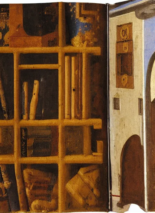 Image similar to bookshelf with books and children toys, medieval painting by jan van eyck, johannes vermeer, florence