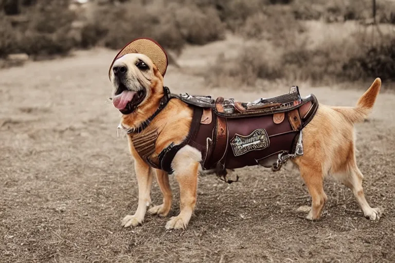 Image similar to a dog wearing cowboy clothes