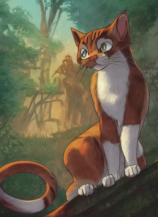 Image similar to official digital painting artwork of a cat character by don bluth, ross tran and studio ghibli.