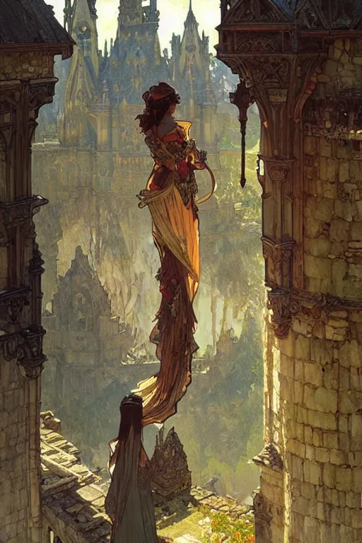 Image similar to An ancient castle, fantasy, painting by greg rutkowski and alphonse mucha