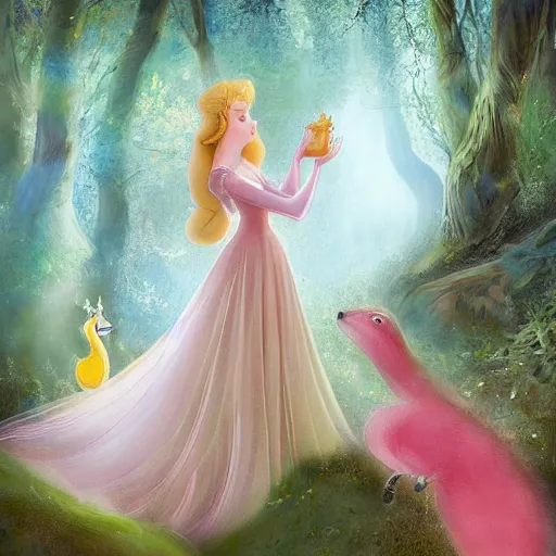 Prompt: A detailed conceptual art of Princess Aurora singing in the woods while animals look on. The colors are light and airy, with a hint of mystery in the shadows. The overall effect is dreamlike and fairy-tale like. aureolin by Elena Paraskeva lively