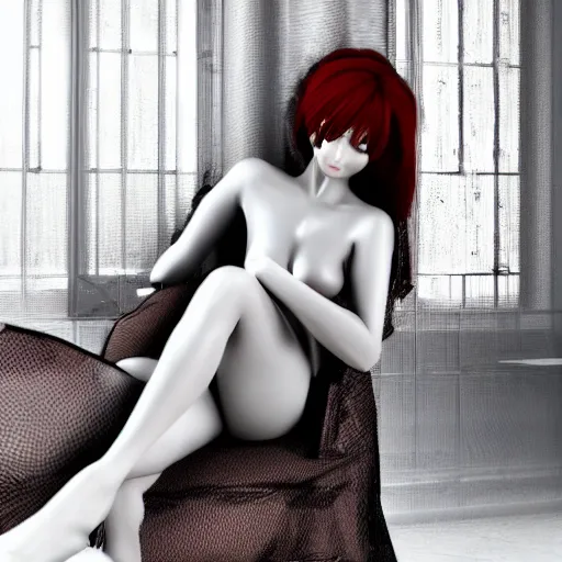 Prompt: gorgeous redhead gynoid posing flirty sitting, photorealistic, highly detailed,