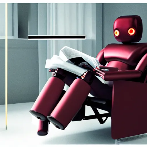 Prompt: futuristic studious matte brown and red and chrome full-body humanoid robot with two huge round expressive sad purple glowing LED eyes and open rectangular mouth sitting on a large comfortable cushioned 1950s vintage recliner reading a newspaper. open newspaper. full shot Cinematic Movie Photograph, Arri Alexa, Extremely Detailed, smooth, very very clean, 8K, octane render, maya render, unreal engine, trending on artstation, DSLR, excellent composition, center frame