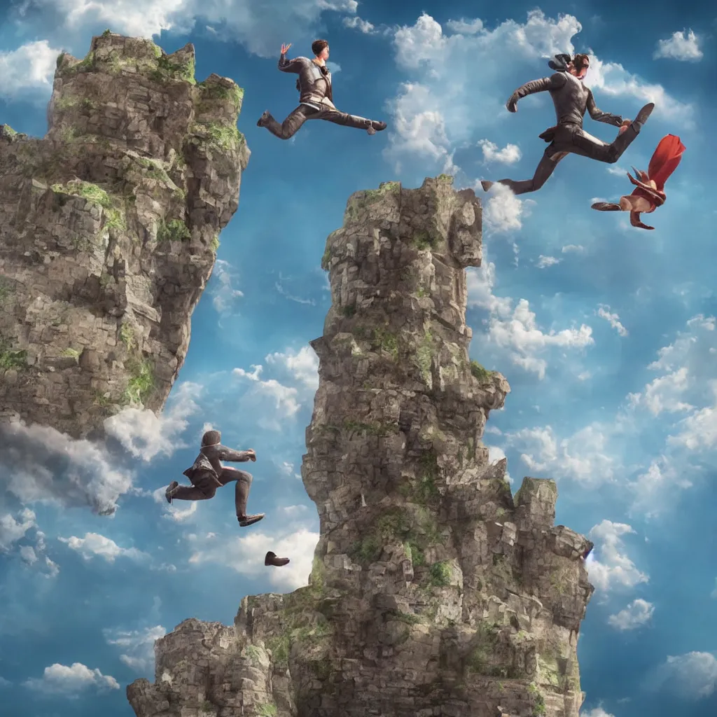 Image similar to full body of one man jumping from a castle in the air, digital art, 3 d