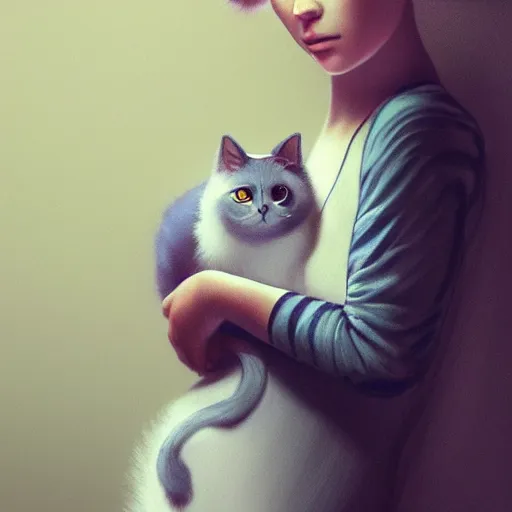 Image similar to a cute caucasian girl with blue hair holding a grey and white cat, full body portrait by Cedric Peyravernay, highly detailed, excellent composition, cinematic concept art, dramatic lighting, trending on ArtStation