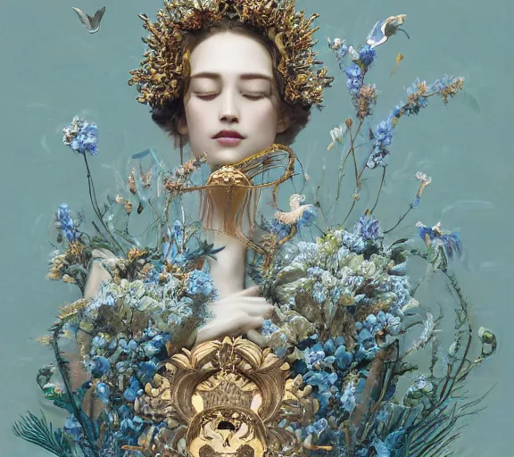 Image similar to breathtaking detailed concept art painting art deco pattern a beautiful wavy brown haired man with pale skin and a crown on his head sitted on an intricate metal throne light - blue flowers with kind piercing eyes and blend of flowers and birds, by hsiao - ron cheng and john james audubon, bizarre compositions, exquisite detail, extremely moody lighting, 8 k h 1 0 2 4