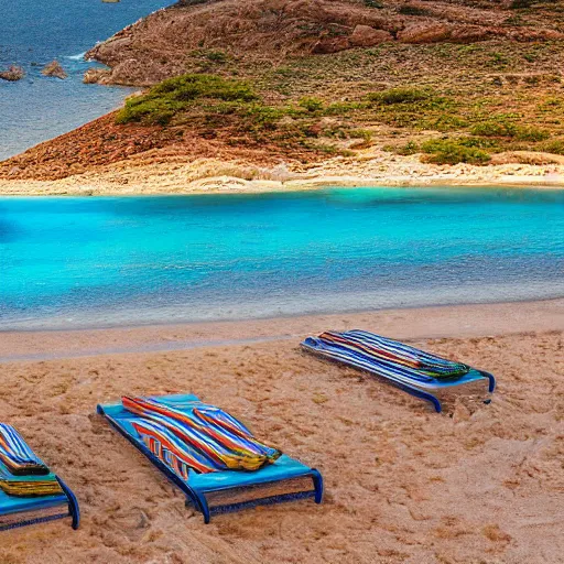 Image similar to beds on Elafonissi Beach in crete, 8k resolution, hyper detailed, professional photograph