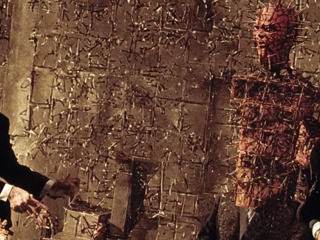 Image similar to hellraiser pinhead played by donald trump holding lemarchand's box, lament configuration, a still from hellraiser movie by clive barker