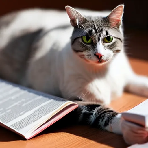 Image similar to a cat studying a heat transfer textbook
