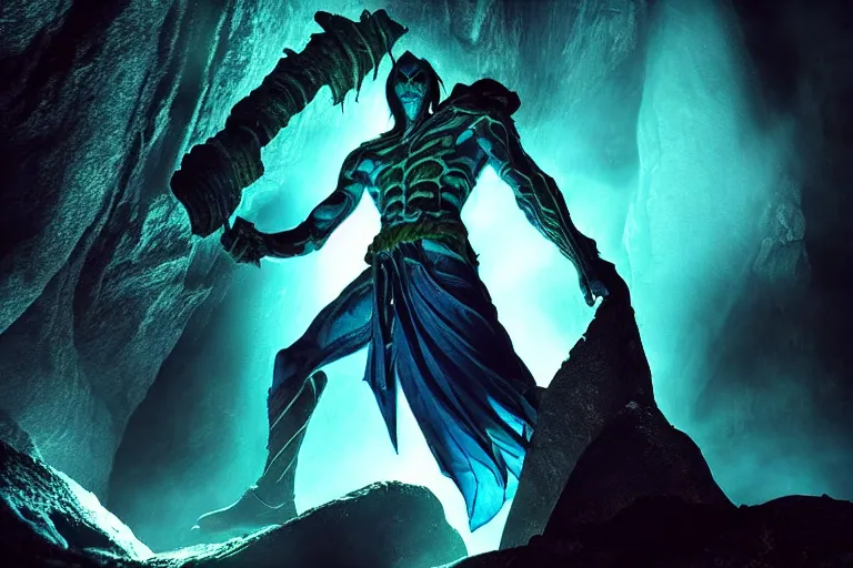 Image similar to vfx film closeup, legacy of kain soul reaver, raziel irl, hero pose, devouring magic souls, in epic ancient sacred huge cave temple, flat color profile low - key lighting award winning photography arri alexa cinematography, hyper real photorealistic cinematic beautiful, atmospheric cool colorgrade