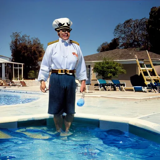 Prompt: admiral Nelson captains a raft in a swimming pool in Southern California,