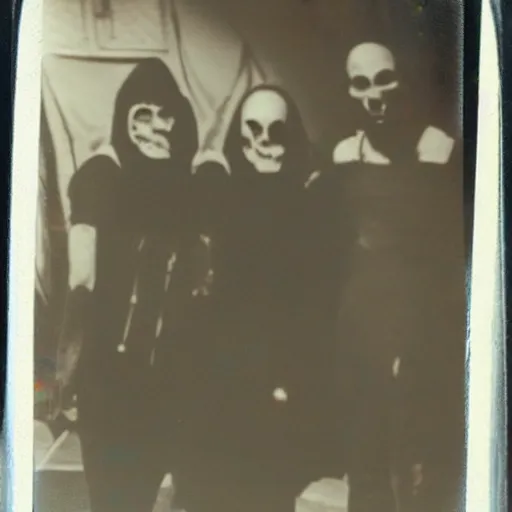 Image similar to really old polaroid photograph of horrorific extraterrestrial beings visiting earth,