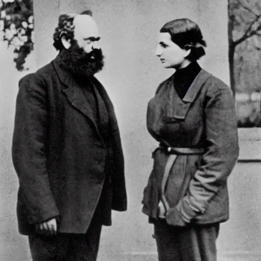 Prompt: Karl Marx and Ayn Rand conspiring, photo, 1920, military base backround