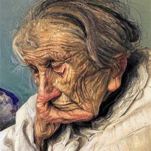 Image similar to Oil painting Portrait of a sad old Woman, by Lucian Freud, Abstract brush strokes, Masterpiece